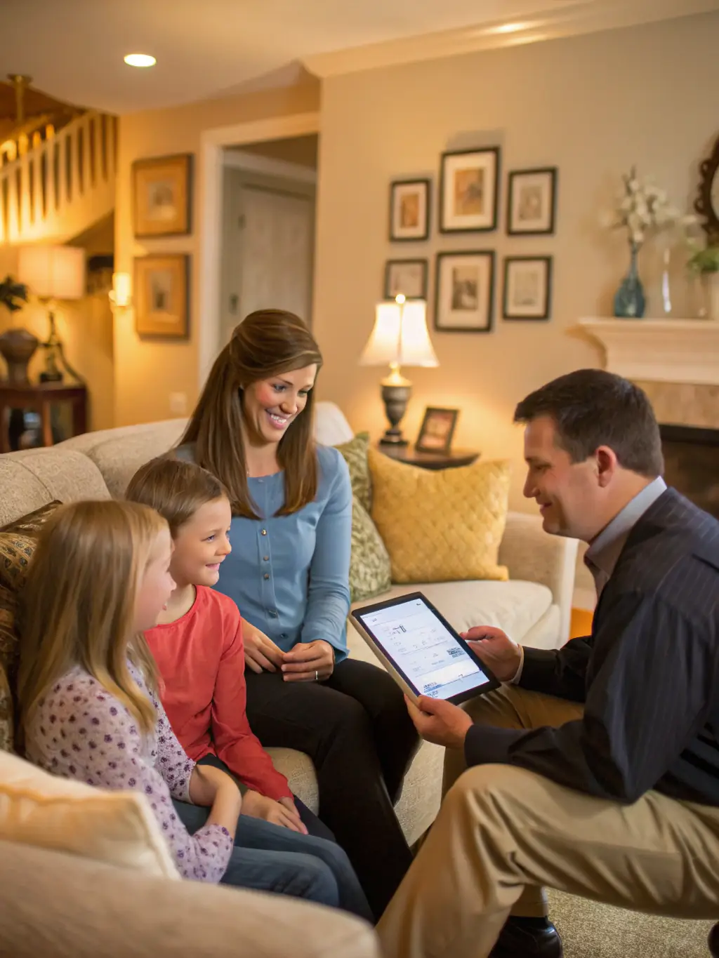 A South African family celebrating their financial milestones with a financial advisor in a comfortable setting.