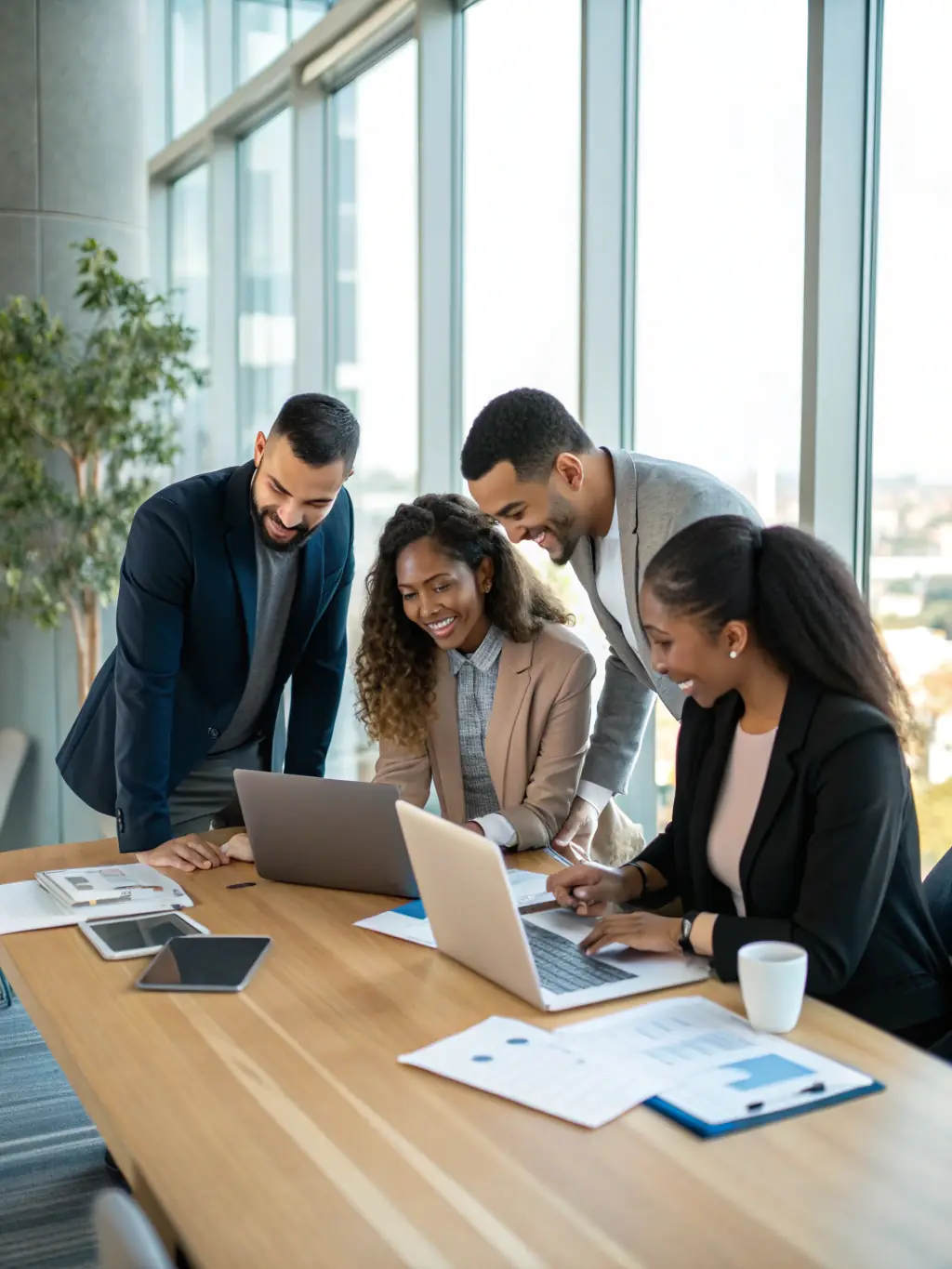 A diverse group of South African professionals collaborating on financial strategies in a modern office.